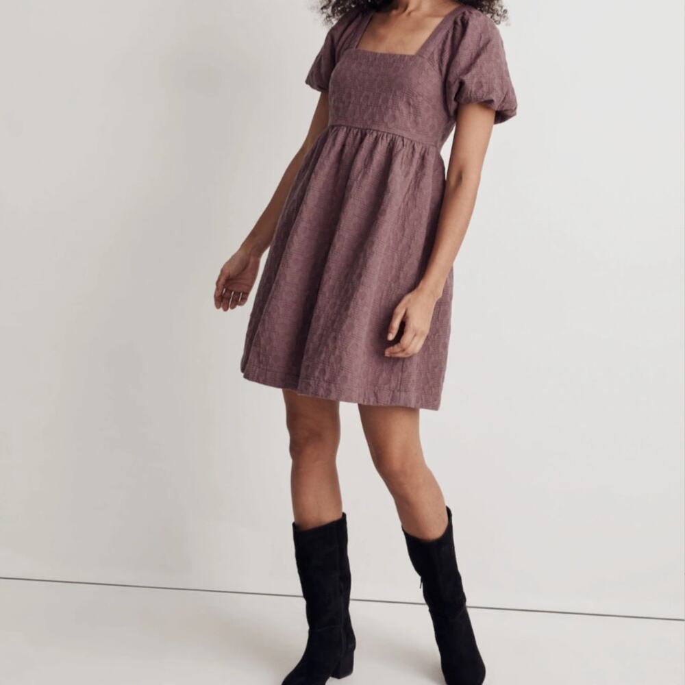 Madewell Floral Quilted Puff Sleeve Mini Dress Purple Jacquard Square Neck Large